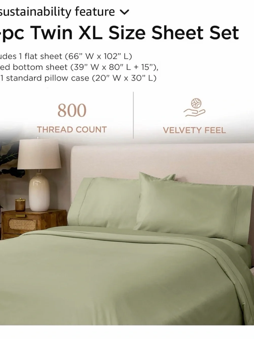 800-Thread Cotton Sateen Sheet Set in Sage Green